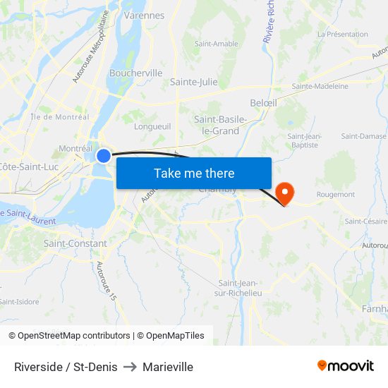 Riverside / St-Denis to Marieville map
