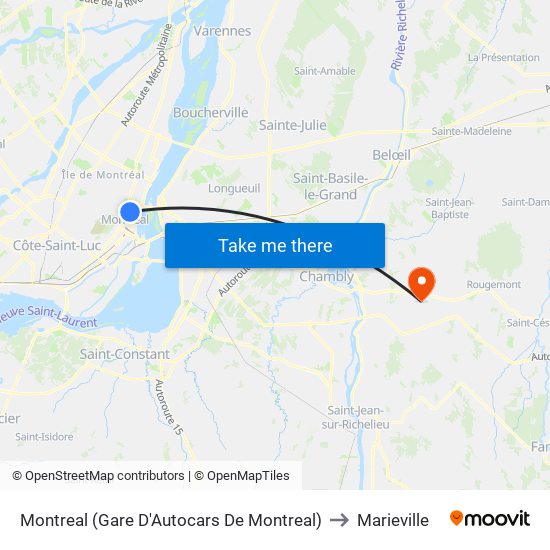Montreal (Gare D'Autocars De Montreal) to Marieville map
