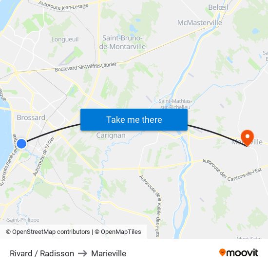 Rivard / Radisson to Marieville map