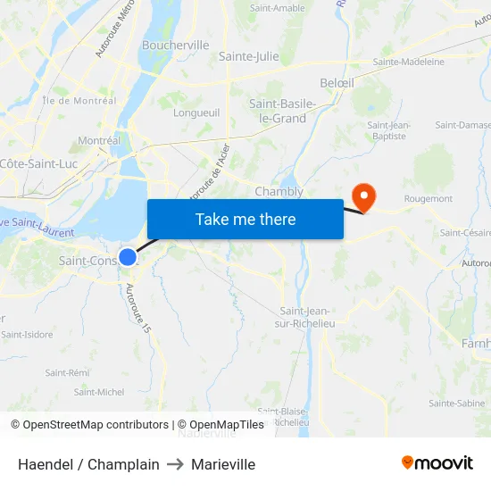 Haendel / Champlain to Marieville map