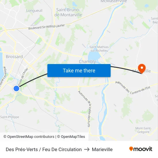 Des Prés-Verts / Feu De Circulation to Marieville map