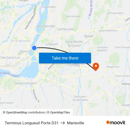 Terminus Longueuil Porte D31 to Marieville map
