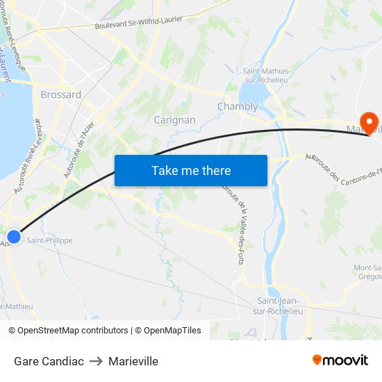 Gare Candiac to Marieville map