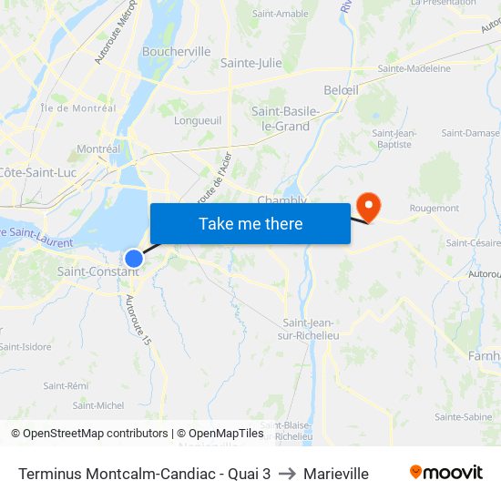 Terminus Montcalm-Candiac - Quai 3 to Marieville map