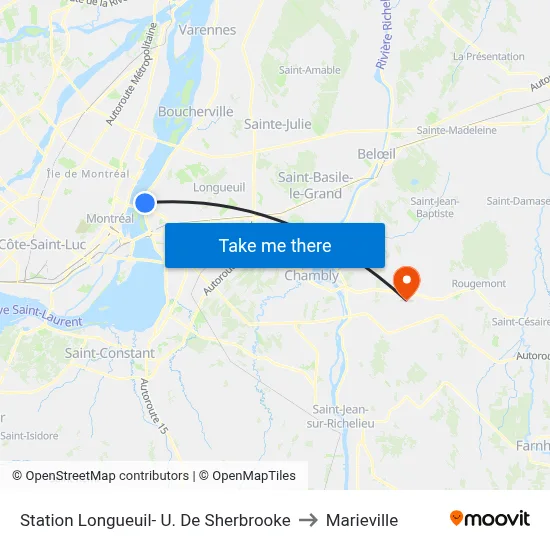 Station Longueuil- U. De Sherbrooke to Marieville map