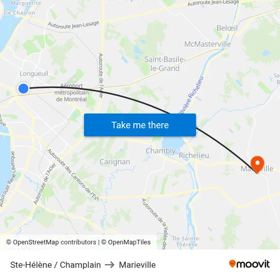 Ste-Hélène / Champlain to Marieville map