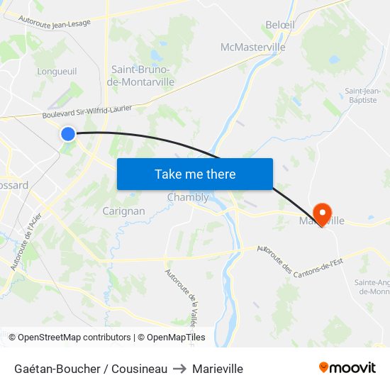 Gaétan-Boucher / Cousineau to Marieville map