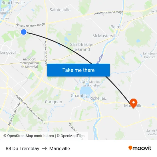 88 Du Tremblay to Marieville map