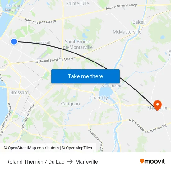 Roland-Therrien / Du Lac to Marieville map