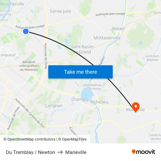 Du Tremblay / Newton to Marieville map