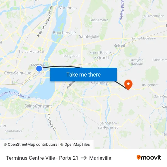 Terminus Centre-Ville - Porte 21 to Marieville map