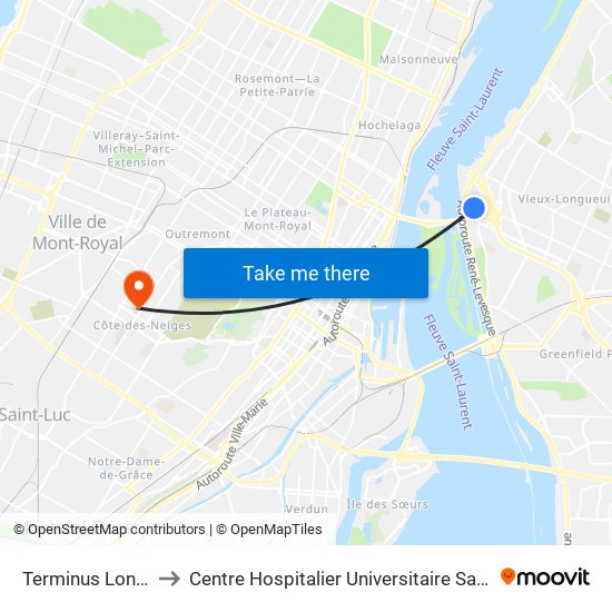 Terminus Longueuil to Centre Hospitalier Universitaire Sainte-Justine map