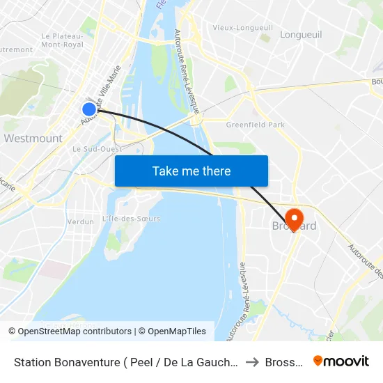 Station Bonaventure ( Peel / De La Gauchetière) to Brossard map
