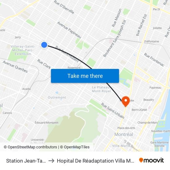 Station Jean-Talon to Hopital De Réadaptation Villa Medica map