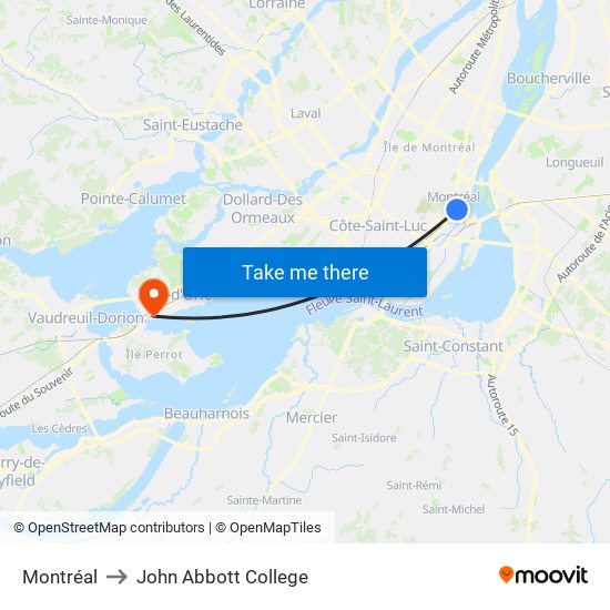Montréal to John Abbott College map