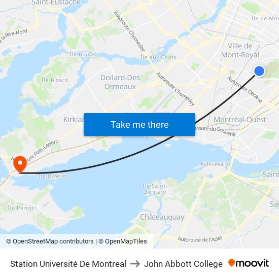 Station Université De Montreal to John Abbott College map