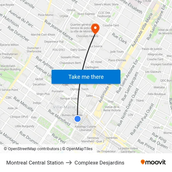 Montreal Central Station to Complexe Desjardins map