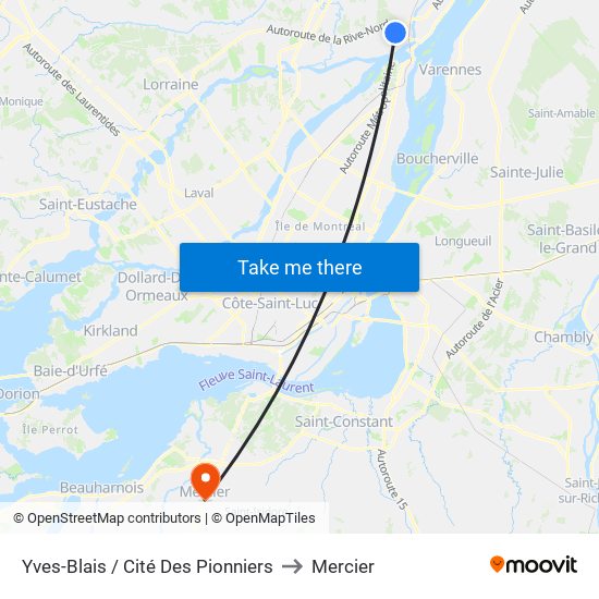 Yves-Blais / Cité Des Pionniers to Mercier map