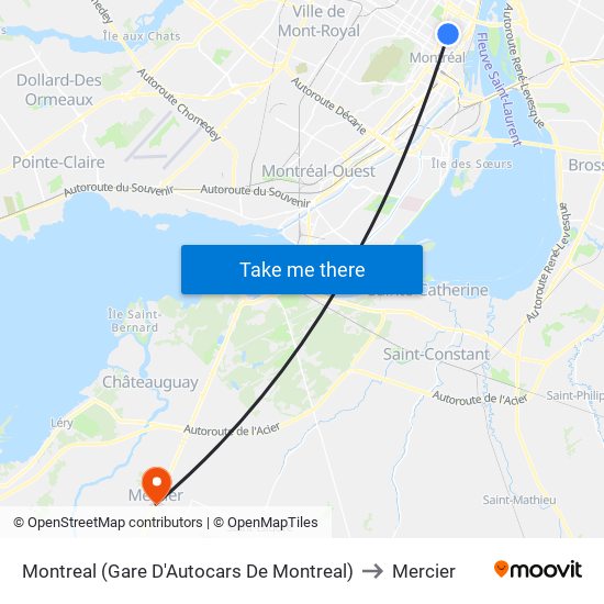 Montreal (Gare D'Autocars De Montreal) to Mercier map