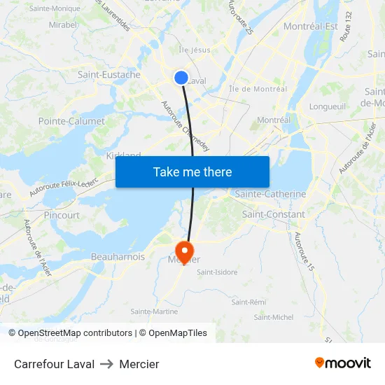 Carrefour Laval to Mercier map
