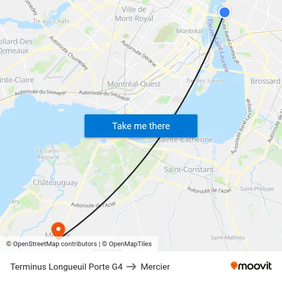 Terminus Longueuil Porte G4 to Mercier map