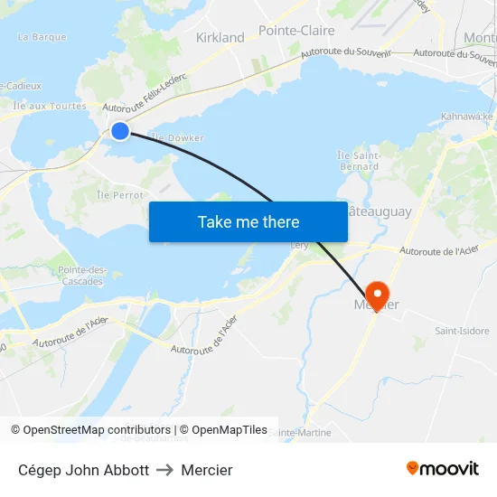 Cégep John Abbott to Mercier map