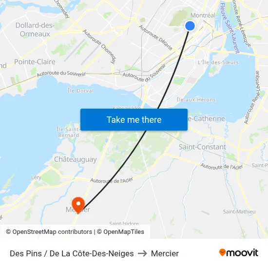 Des Pins / De La Côte-Des-Neiges to Mercier map