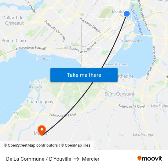 De La Commune / D'Youville to Mercier map