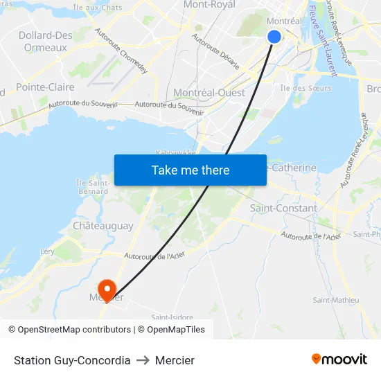 Station Guy-Concordia to Mercier map