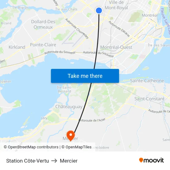 Station Côte-Vertu to Mercier map
