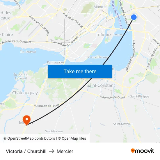 Victoria / Churchill to Mercier map