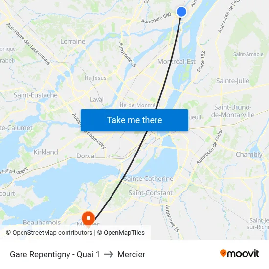 Gare Repentigny - Quai 1 to Mercier map