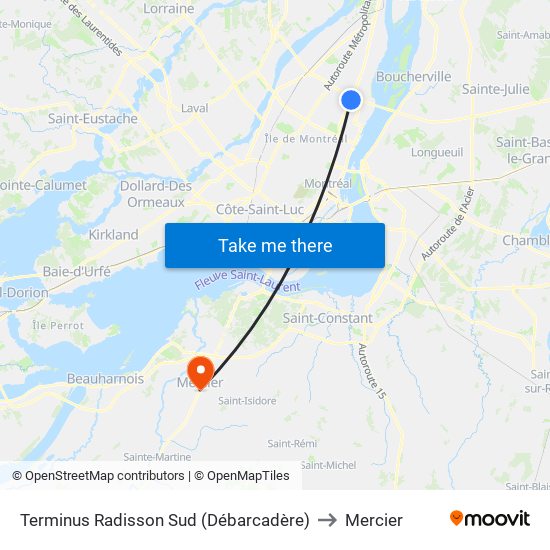 Terminus Radisson Sud (Débarcadère) to Mercier map