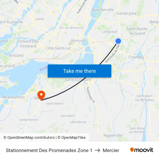 Stationnement Des Promenades Zone 1 to Mercier map