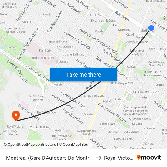 Montreal (Gare D'Autocars De Montreal) to Royal Victoria map