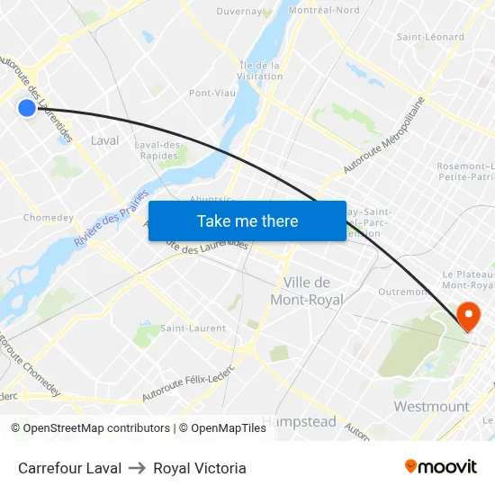 Carrefour Laval to Royal Victoria map