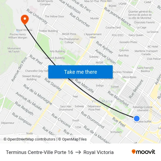 Terminus Centre-Ville Porte 16 to Royal Victoria map