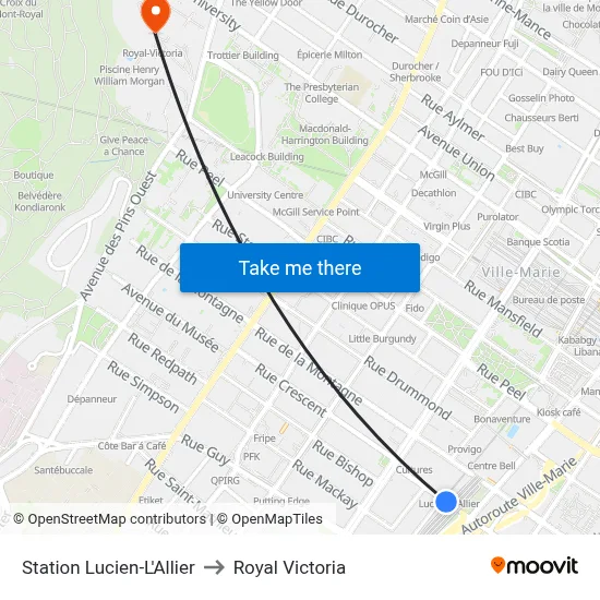 Station Lucien-L'Allier to Royal Victoria map