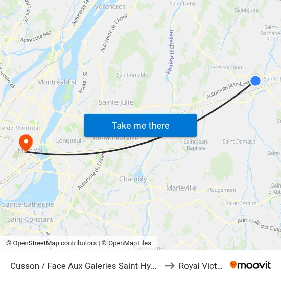 Cusson / Face Aux Galeries Saint-Hyacinthe to Royal Victoria map