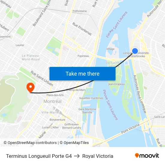Terminus Longueuil Porte G4 to Royal Victoria map