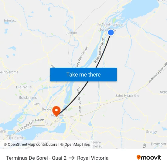 Terminus De Sorel - Quai 2 to Royal Victoria map