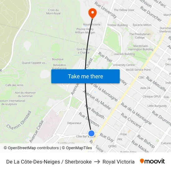 De La Côte-Des-Neiges / Sherbrooke to Royal Victoria map
