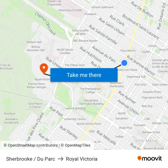 Sherbrooke / Du Parc to Royal Victoria map