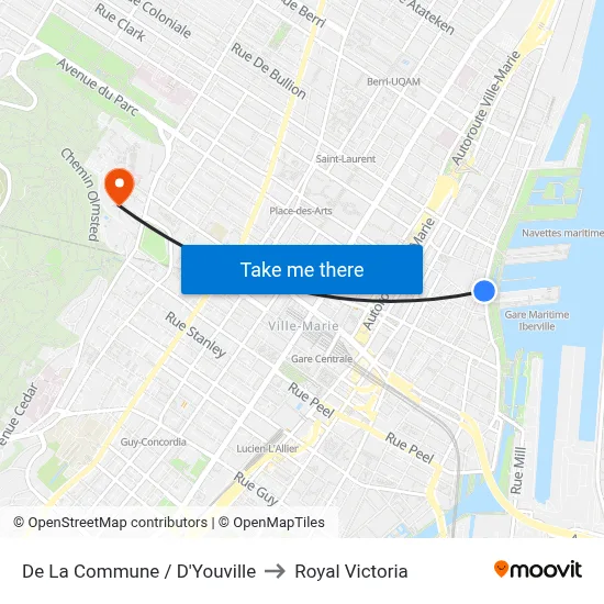 De La Commune / D'Youville to Royal Victoria map