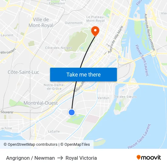 Angrignon / Newman to Royal Victoria map