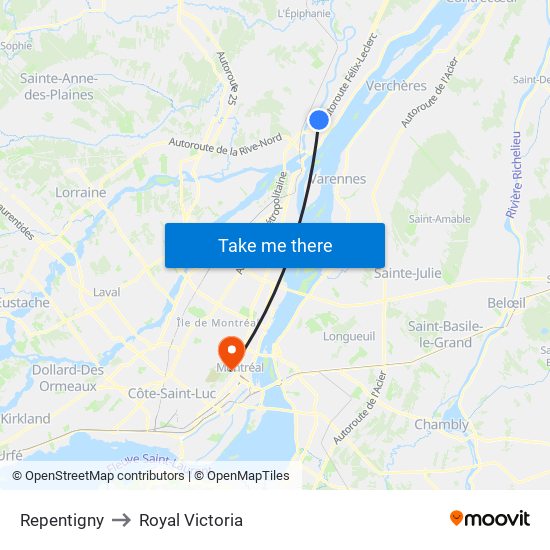 Repentigny to Royal Victoria map