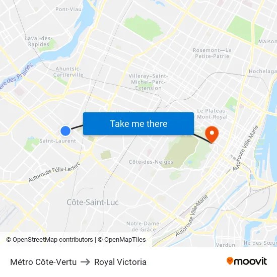 Métro Côte-Vertu to Royal Victoria map