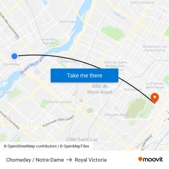 Chomedey / Notre-Dame to Royal Victoria map