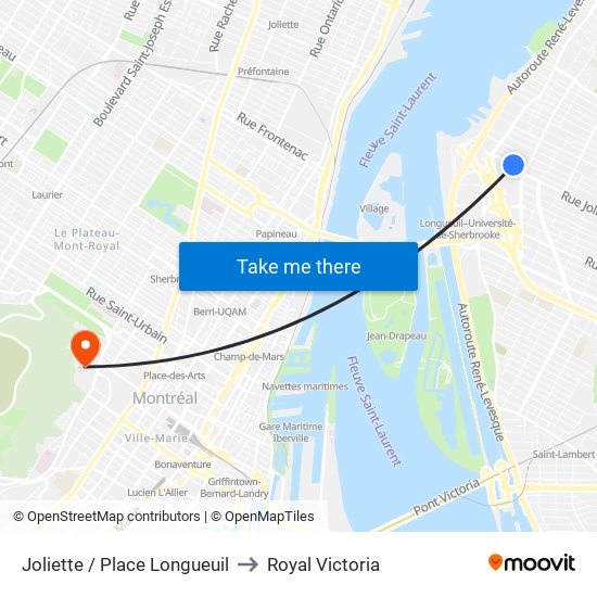 Joliette / Place Longueuil to Royal Victoria map