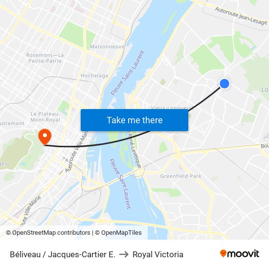 Béliveau / Jacques-Cartier E. to Royal Victoria map